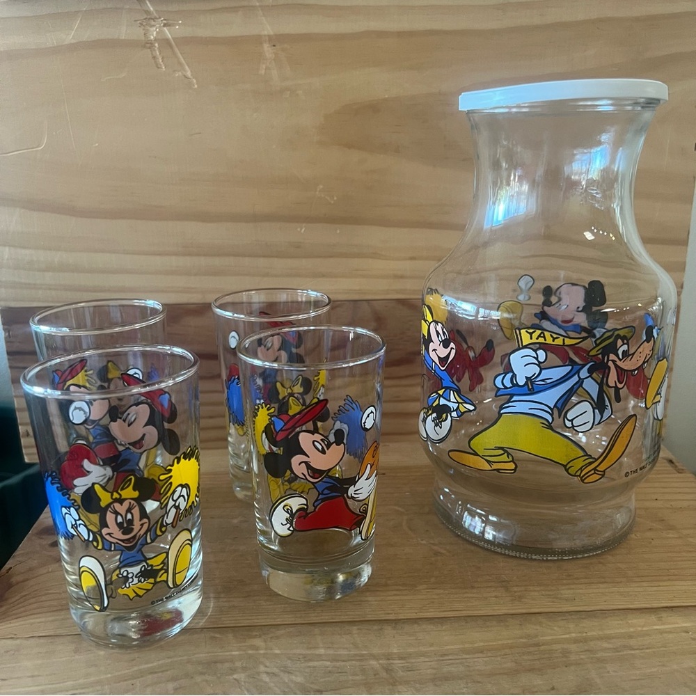 Anchor Vintage 80’s Disney Y2K MCM Juice Pitcher Carafe & 5 Juice Glasses NIB